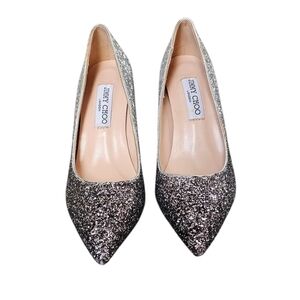 Jimmy Choo Romy Champagne Coarse Glitter Silver Stiletto Heels Pointed Toe Sz37